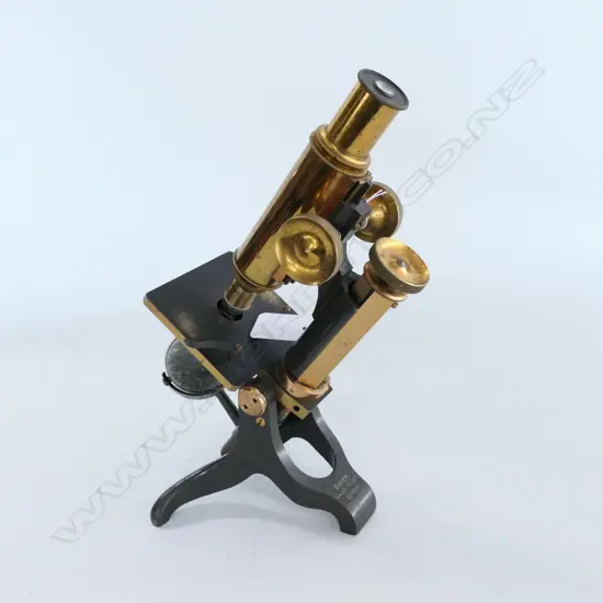 early 20thC LACQUERED & ANODISED BRASS MICROSCOPE by BAKER, 244 HIGH HOLBORN, LONDON, w HEXAGONAL LIMB. NO BOX